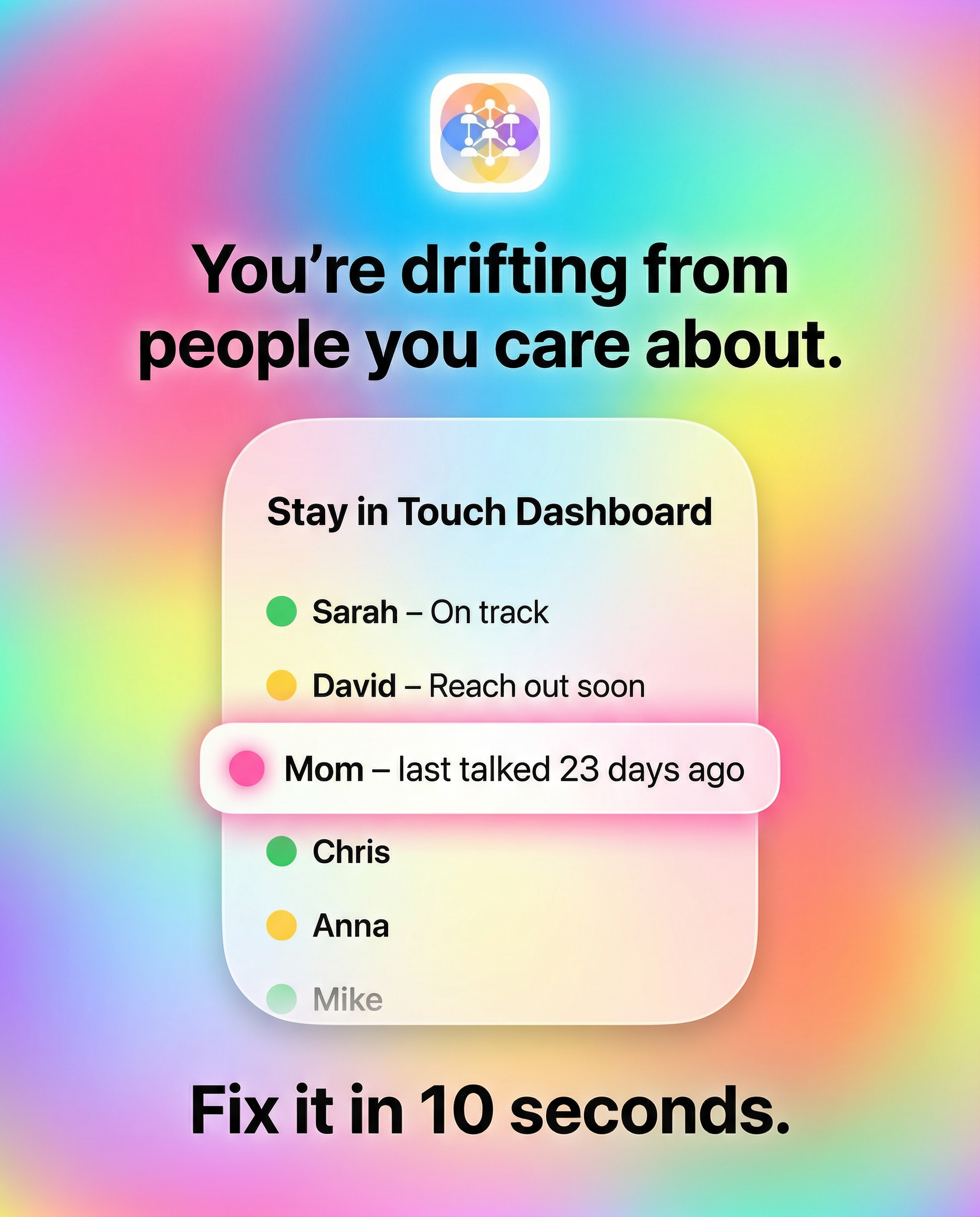 Phonebook AI Stay in Touch Dashboard showing friends and when you last talked